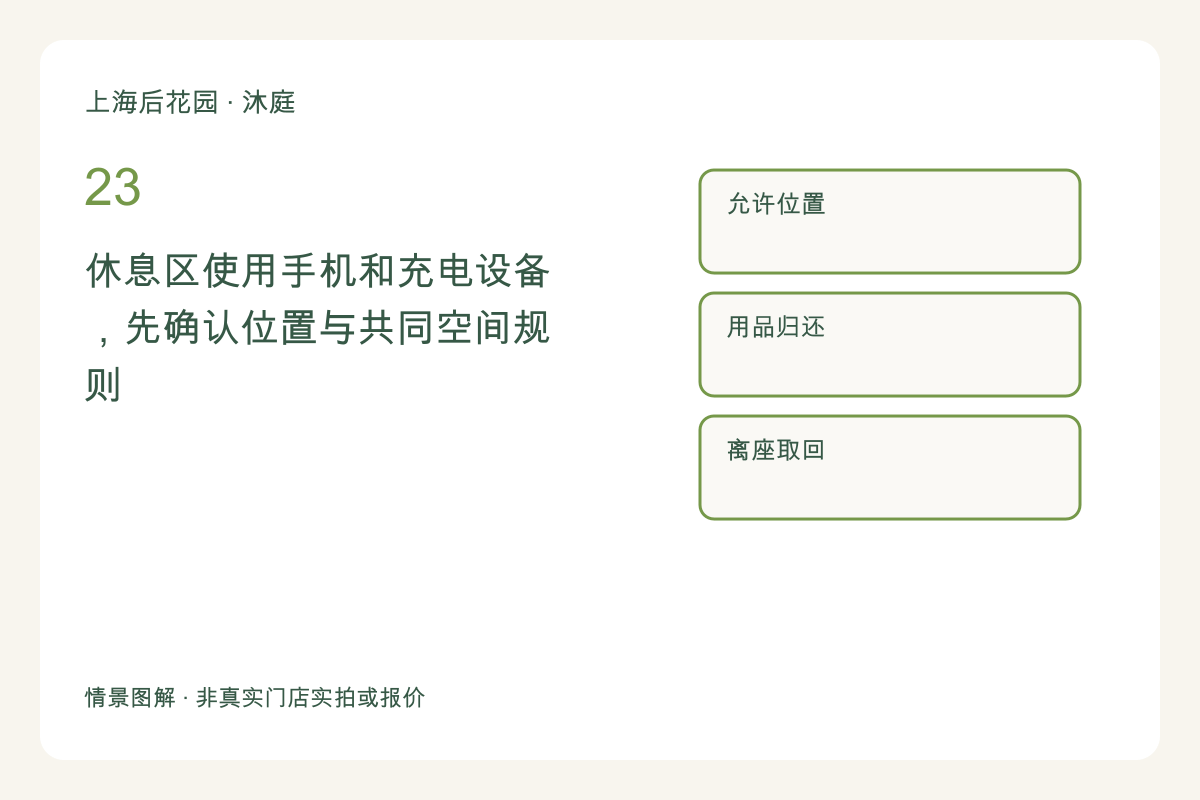休息区使用手机和充电设备,先确认位置与共同空间规则主题图解
