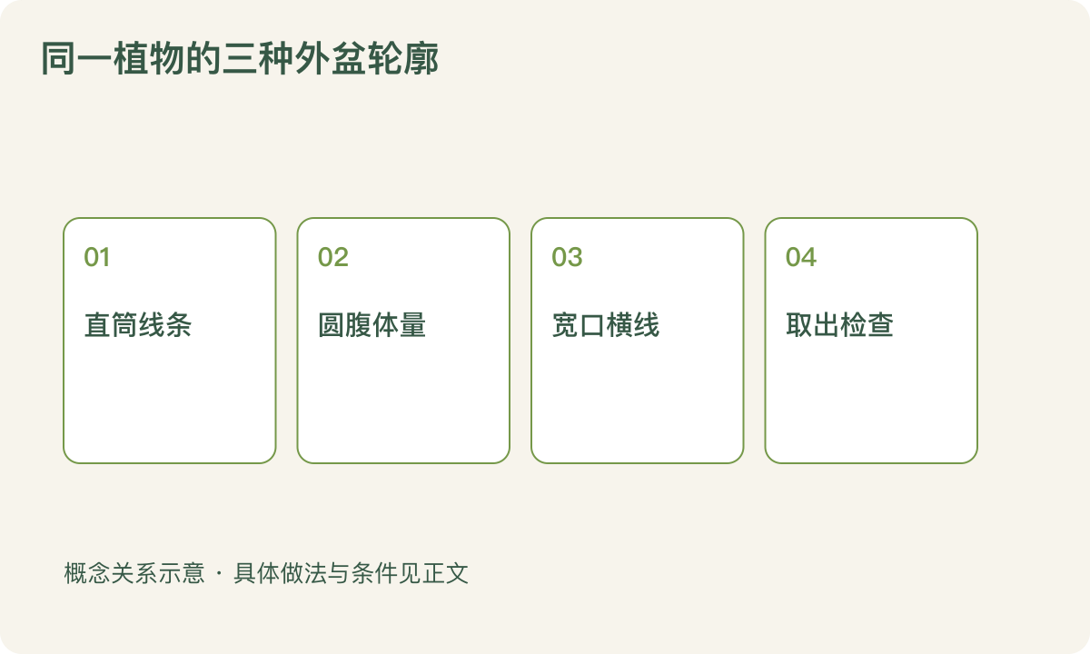同一植物的三种外盆轮廓:直筒线条;圆腹体量;宽口横线;取出检查