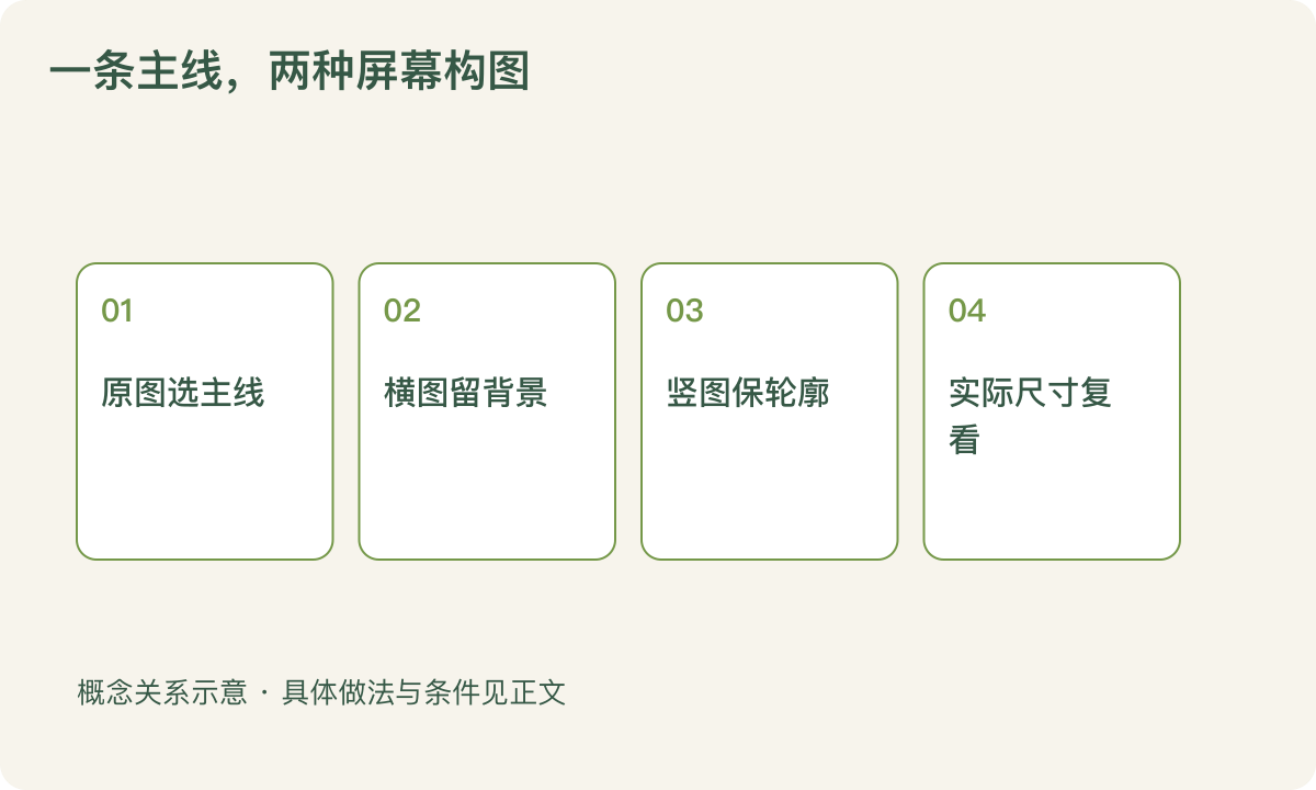 一条主线,两种屏幕构图:原图选主线;横图留背景;竖图保轮廓;实际尺寸复看